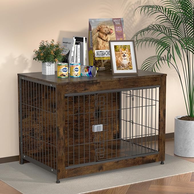 Furniture Style Dog Crate, 38" Wooden Dog Kennel End Table with Solid Top, Indoor Pet Crate House with Secure Slide Lock, Modern Dog Cage Furniture for Small & Medium Dogs, Aged Black