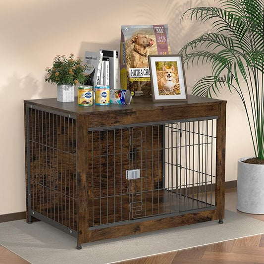 Furniture Style Dog Crate, 38" Wooden Dog Kennel End Table with Solid Top, Indoor Pet Crate House with Secure Slide Lock, Modern Dog Cage Furniture for Small & Medium Dogs, Aged Black
