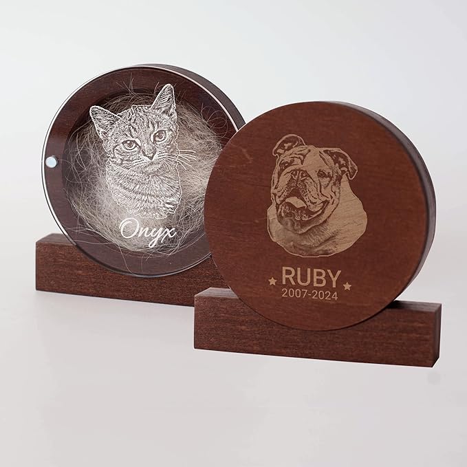 Personalized Pet Hair Keepsake Box for Dog and Cat Fur - Engraved Wood Memorial Box - Unique Customized Gift for Loss of Furry Friend Wooden (Dark Round Wood/Acrylic Lid, With Photo)