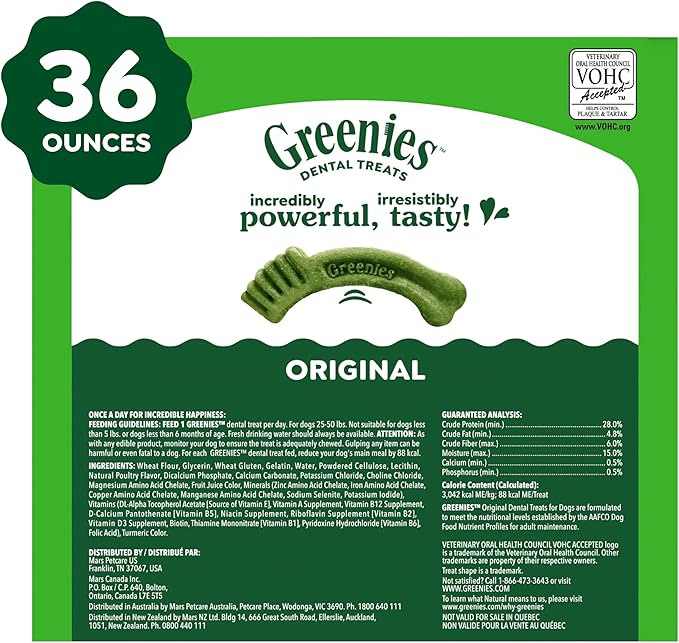Greenies Veterinarian-Recommended Adult Natural Dental Dog Treats Regular Size, Dog Dental Chews, Original Flavor, 36 oz. Pack, 36 Count