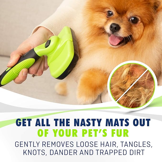 Rexipets Self-Cleaning Slicker Brush - One-Click Cleaning Function - Gentle & Effective Pet Hair Remover - Dog Grooming Accessories for Small, Medium & Large Dogs and Cats