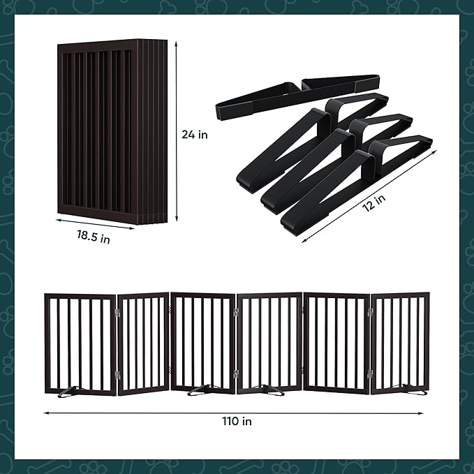 Semiocthome Bamboo Dog Gates for The House Extra Wide, 6-Panel Freestanding Pet Gates with 4PCS Metal Stands for Doorways and Stairs, 24“H Foldable Dog Fences Indoor, Expands Up to 110" (W) Espresso