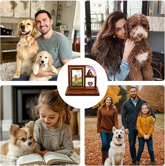 Pet Memorial Gifts for Dog Picture Frame with Rainbow Bridge, Wooden Rotating Picture Frame 4x6 Photo, Pet Loss of Dog Sympathy Gift for Cat Bereavement Remembrance Keepsake (11.2in)