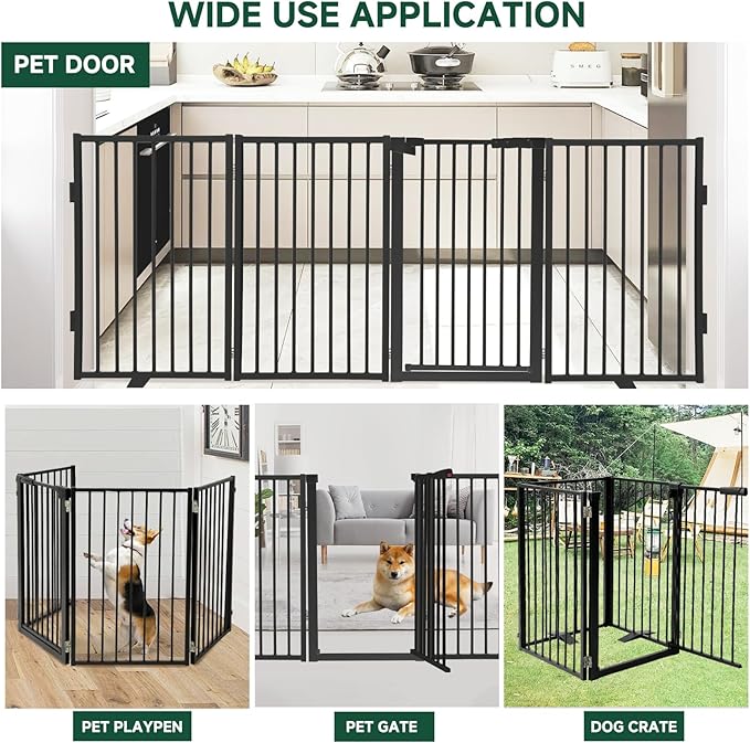 Snagle Paw Metal Freestanding Dog Gate with Door, 80” W x 24” H Dog Fence with Support Feet for Doorways, Stairs and Hallways, Portable Pet Gate for Indoor Use (4 Panel, Black)