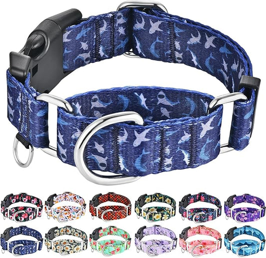 Martingale Collar for Dogs with Buckle Shark Dog Collar Adjustable Soft Nylon Boy Dog Collars for Puppy Dogs, Deep Blue Shark