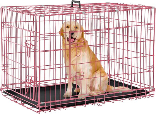 Dog Crate for Large Medium Dogs Folding Dog Kennel Cage with Plastic Tray & Divider 48" Indoor Outdoor Metal Double Door Pet Playpen Heavy Duty Dog Pen Enclosure Pink