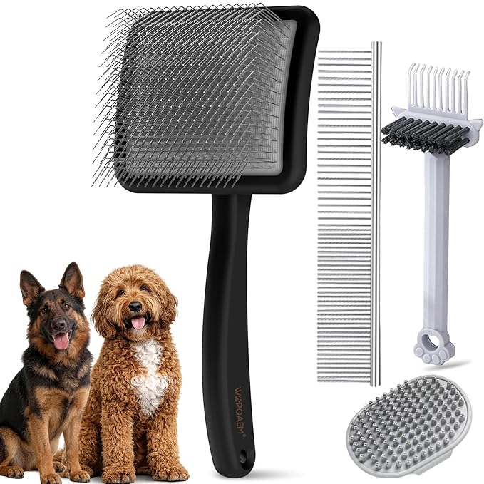 Large Slicker Brush for Dogs, 4-in-1 Beech Wood Long Pin Dog Brush Grooming Kit for Pets, Professional Deshedding Brush Set for Doodles,Goldendoodles & Thick Coats, Black