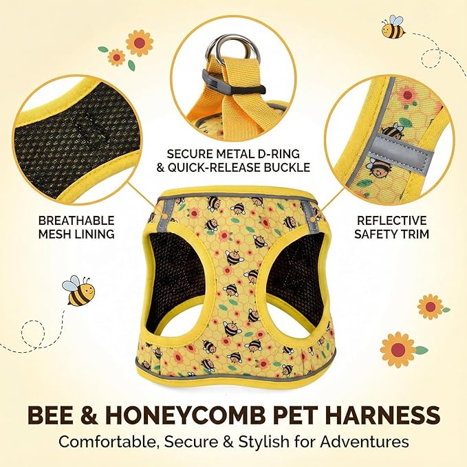 Step in Dog Harness and Leash Set, Reflective Adjustable No Pull Dog Harness for Extra-Small/Small Dogs Puppy and Cats, Soft Padded Mesh Vest Harnesses for Girl and Boy Pets(Bee,XXS)