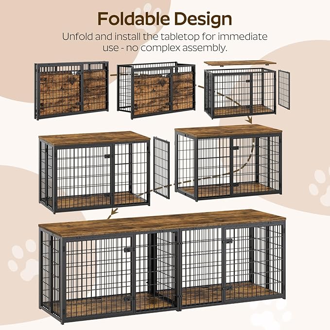 Foldable Dog Crate Furniture for 2 Dogs, 78.7'' Double Dog Kennel Indoor with Removable Divider, Heavy Duty Dog Cage, for Small/Medium/Large Dog, TV Stand, Rustic Brown DC200BR