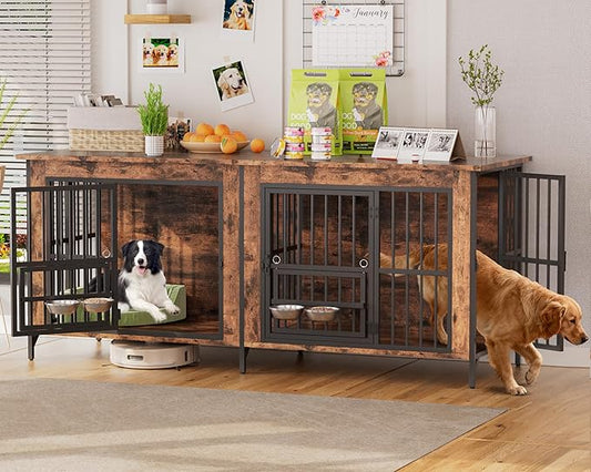Grepatio 79" Double Dog Crate Furniture for 2 Dogs, Large Dog Kennel with 360° Rotating Feeder Bowls, Indoor Double Dogs Crates with 4 Doors, Wooden Dog Crate TV Stand with Removable Divider