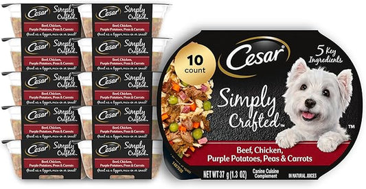 Cesar Simply Crafted Adult Wet Dog Food Toppers for Dry Food, Beef, Chicken, Purple Potatoes, Peas & Carrots, 1.3 oz Tubs, 10 Count