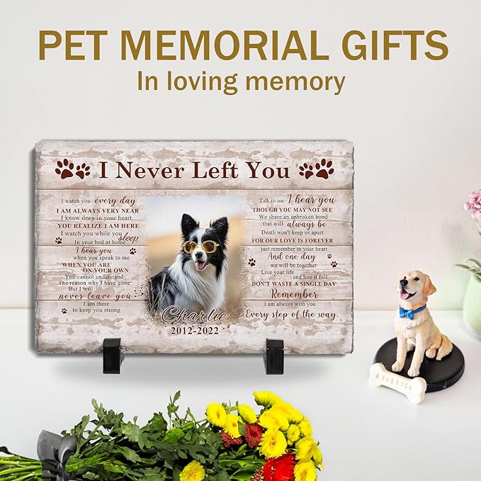 Bemaystar Personalised Dog Memorial Gifts for Loss of Dog Custom Dog Memorial Stone Plaque Pet Memorial Gifts for Dogs Cat Natural Slate Plaque Gifts with Display Stand Background Color Optional-M