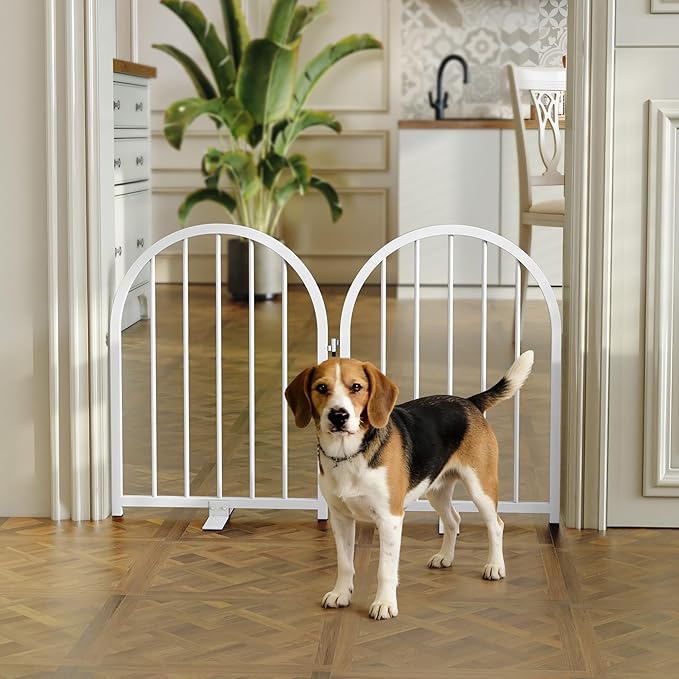 Full Metal Dog Gate for Indoor Outdoor, 24" Tall Free Standing Pet Dog Fence, 36" Wide Arched Pet Gates for Stairs, Hallways, Doorways, Kitchen, Decks, Yards (White, 2 Panels)