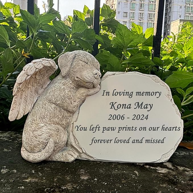 Personalized Creative Rockery Angel Puppy Garden Memorial Stone for Our Fur Baby's Memorial Custom Pet Dog Memorial Grave Marker Headstone Tombstone for Garden Courtyard Dog Memorial Gifts