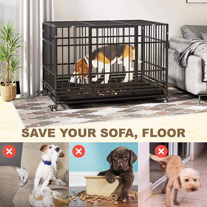 48 Inch Heavy Duty Dog Crates, Escape Proof Dog Cage Large Dogs with Wheels, Indestructible Steel Dog Cage with Upgraded Reinforced Baseplate for High Anxiety Dogs, Dog Kennel Indoor Outdoor