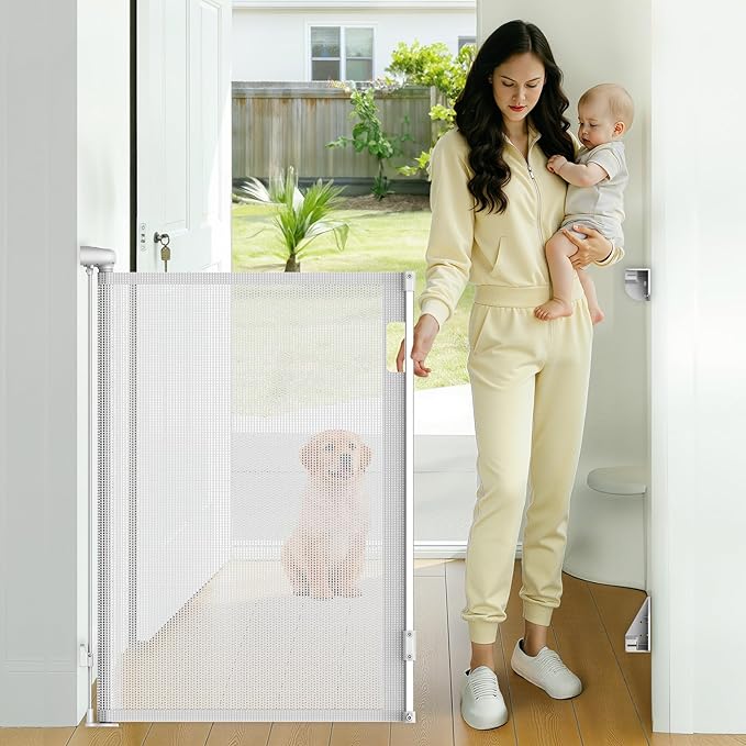 Retractable Baby Gate, 38" Extra Tall Mesh Dog Gate with Auto-Tension Design, 71" Wide One-Hand Operation Doorway Gates for Pets & Babies, No Bottom Rail Gate for Hallways, White