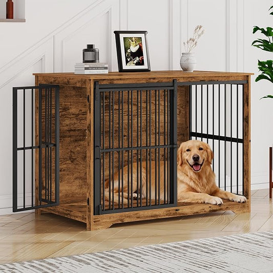 XXL Large Dog Crate Furniture, 46.9" Indoor Dog Kennel Furniture with Barn Door, Wooden Tall Dog Crate, Heavy Duty Dog Cage for Large Dogs, Side End Table, Anti-Chew, Rustic Brown DFC83801B