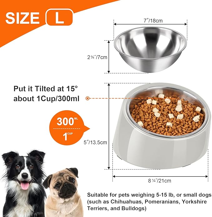 Tilted Dog Bowl Non-Slip & Non-Spill Pet Feeder with Elevated Detachable Melamine Stand, Easy to Get Food Dog Dish, L/300ml Gray