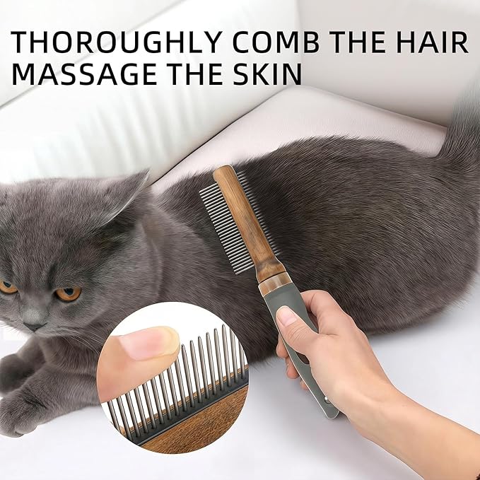 2-in-1 Dog Dematting&Deshedding Comb with Wooden Handle Double-Sided Fine&Wide Tooth Dematting Comb Pet Flea Comb for Dogs and Cats Gentle Remove Loose Hair Tangles Dirt Fleas