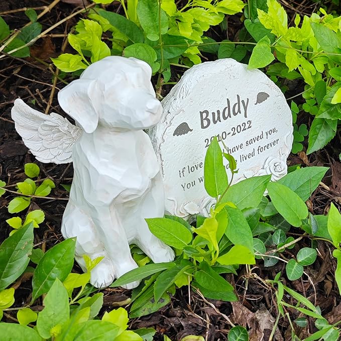 Personalized Dog Angel Memorial Garden Stone Engrave with Any Message, Pet Dog Memorial Grave Marker with Angel Dog Statue, Dog Cemetery Headstone, Dog Tombstone Gravestone, Loss Dog Memorial Gifts