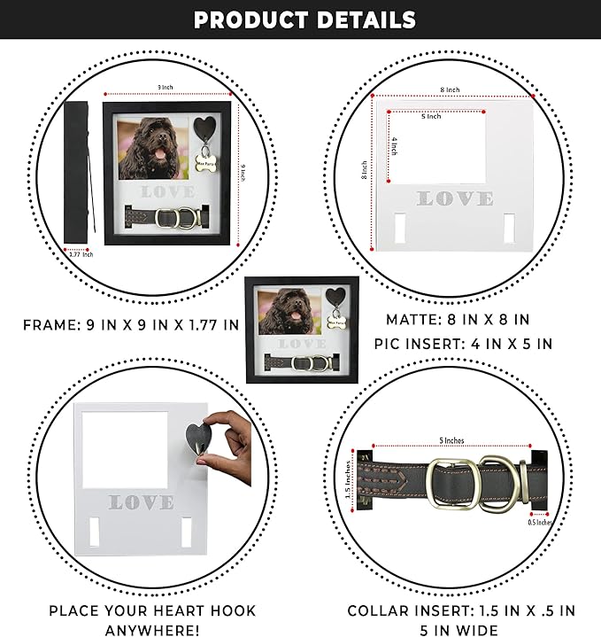 Daily Power-tivity Pet Memorial Picture Frame Shadow Box - Dog Gift Keepsake wCollar Mount and Heart Hook Forever In Memory, Remembrance Show Sympathy For Your BONUS TWO Mattes to choose from, Black