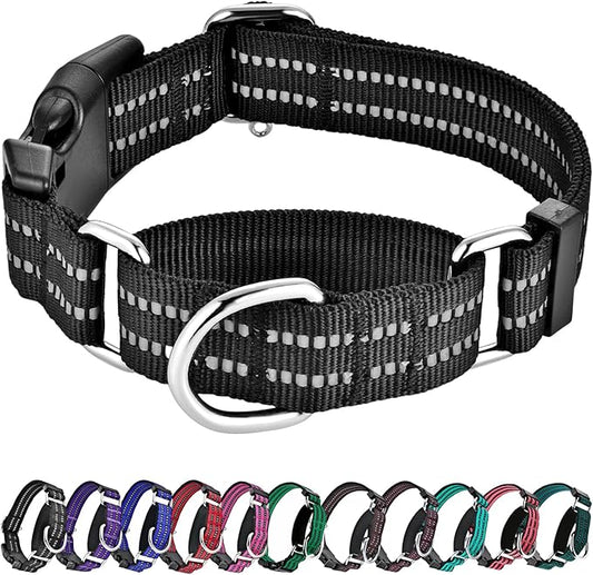 Hikiko Martingale Collar for Dogs Reflective Nylon Dog Collar with Quick Release Buckle Adjustable Training No Slip Dog Collar (Small, Black)
