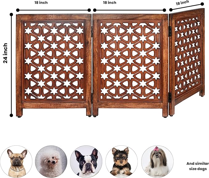 Decorative Wooden Pet Gate, Dog Fence, Cat Gate, Foldable, Adjustable, Portable, Extra-Wide, Wooden Dog Barrier, Free-Standing Puppy Gate 3 Panels for Indoor, Doorways, Stairs-24x54 Inch Burnt Antique
