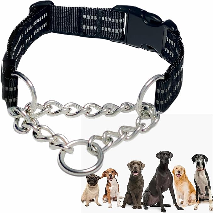 Martingale Collars for Dogs, Heavy Duty Stainless Steel Chain Training Collar, Reflective Nylon Adjustable Collar with Quick Release Buckle, Suitable for Puppy Medium Large Dogs((Black, S)