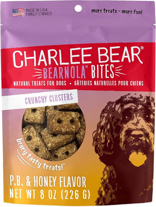 Charlee Bear Bearnola Bites Crunchy Dog Treats, Peanut Butter and Honey, 8 Ounce Resealable Bag, Limited Ingredient, Natural, Healthy Granola Dog Snacks, Made in USA