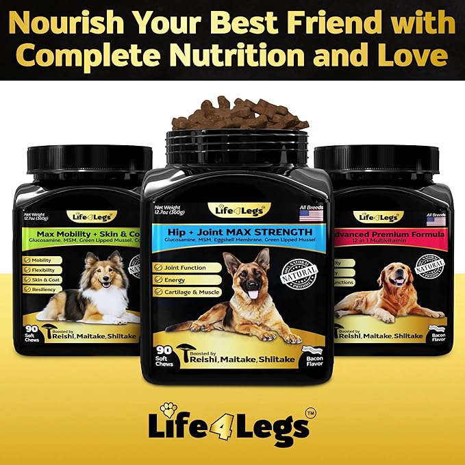 Premium Hip and Joint Supplement for Dogs, Glucosamine for Dogs with Chondroitin, MSM, Turmeric & Omega 3, Daily Dog Joint Supplement Soft Chews, Bacon, 30 Count