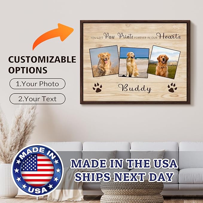 Custom Pet Memorial Gifts for Loss of Dog, Leave Paw Prints on Our Hearts, Dog Loss Sympathy Gift for Dog Cat Lovers Owners, Personalized Paw Prints Canvas with Photo and Name