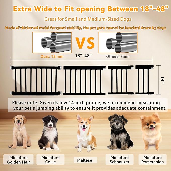 14" Height Short Dog Gate Adjustable18-48" Extra Wide Dog Gate with Small Cat Door,Pet Gate with 4 Extension Kits Pressure Mounted for Doorways & Stairs (Black, 14" Height)