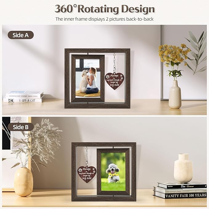 Dog Memorial Gifts – Rainbow Bridge Pet Loss Picture Frame with Rotating Double-Sided 4x6 Display, Wooden Pet Memorial Frame with Hanging Heart Charm, Sympathy Gift for Loss of Dog or Cat