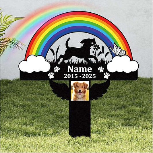 Pet Grave Markers Dog,Metal Pet Headstone for Lost Dog Sympathy Gift,Waterproof Dog Grave Markers for Garden or Indoor,Dog Tombstone Garden Memorial Graves (Rainbow Bridge Dog(Colorful))