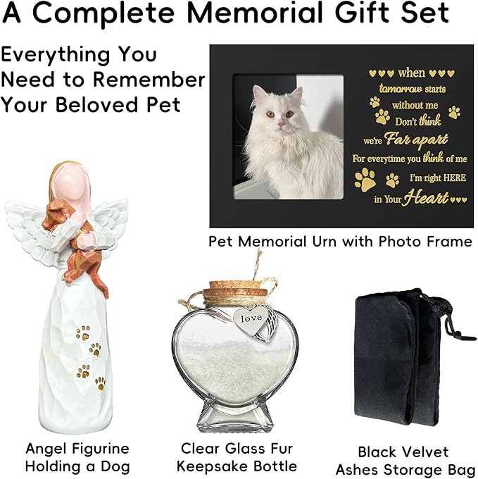 Pet Memorial Urn with Photo Frame, 110 Cubic Inches Wooden Pet Cremation Urn for Dogs & Cats, Sympathy Gift Set with Angel Figurine, Fur Keepsake Bottle & Ashes Bag