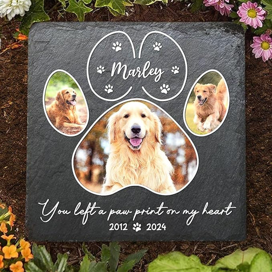 Wrappiness Pet Memorial Stone - You Left A Paw Print On My Heart, Personalized Dog Memorial Gifts, Remembrance Condolences Bereavement Gifts for Loss of Pet Custom Photo (Square 03, Stone)