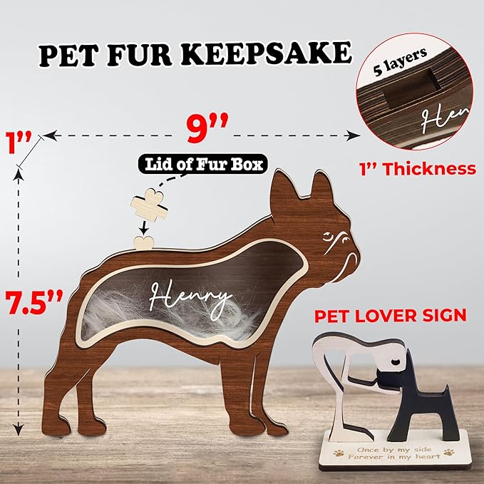 9" French Bulldog Dog Hair Keepsake Box, Wooden Pet Urns for Dogs, DIY Pet Loss Sympathy Gifts, Unique Gift Dog Shape Standable Table Decor, Idea Gift for Pet Lover Storing Fur Teeth Ashes PS16-12L
