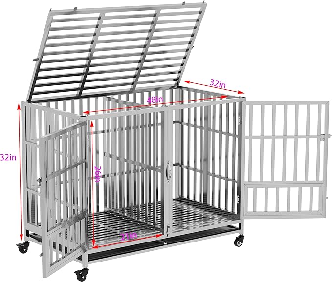 37" 42" 48" Heavy Duty Dog cage Stainless Steel Metal Kennel and Crate, Collapsible for Medium to Large Dogs, Easy to Assemble pet Pen with Four Lockable Wheels, Black Tray (sm-48in)