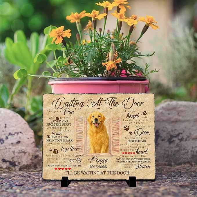 Pet Loss Memorial Stone Gift | Waiting at The Door Grave Marker for Dogs or Cats | Personalized Photo Remembrance Gift for Pet Owners | Animal Memorial Stones Dog