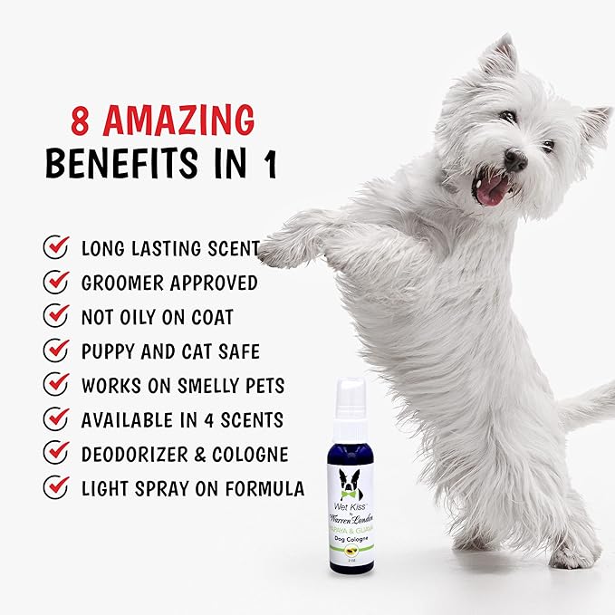 Warren London - Wet Kiss Dog Cologne, Long Lasting Dog Spray, Dog Deodorant to Remove Odor from Stinky Dogs, Papaya & Guava, 2 Ounce Bottle