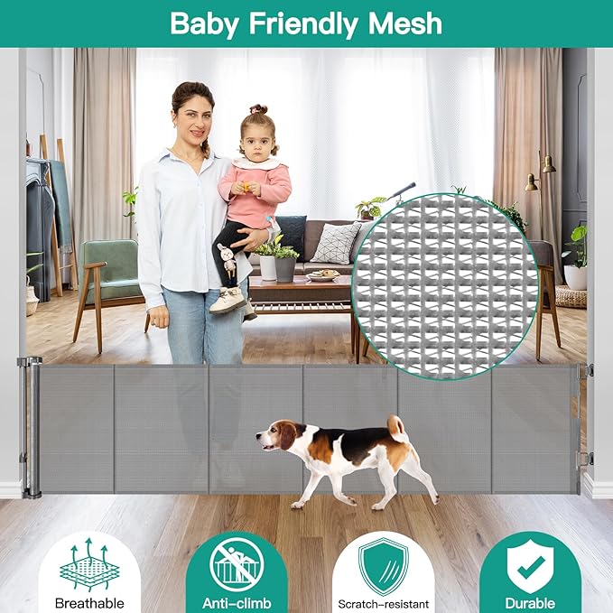 24 Inch Tall x 150 Inch Extra Wide Retractable Dog Gate for The House, Short Baby Gate to Step Over, Reinforced Mesh Puppy Gate for Doorways, Step Over Pet Gate for Stairs, Indoor/Outdoor, Gray