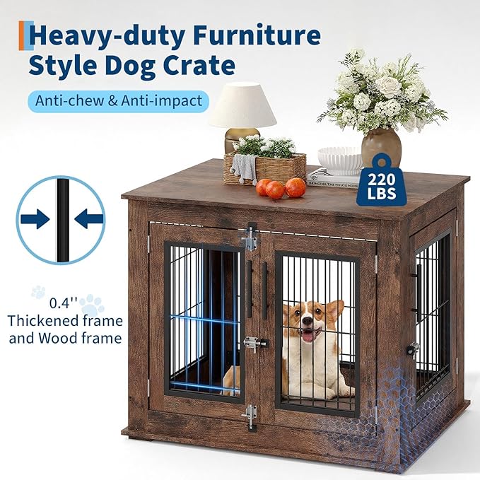 Double-Door Pet Crate Furniture, 31 Inch Indoor Dog House, Heavy Duty Wooden Kennel Side Table with Rustic Brown Finish, Chew-Resistant Dog Cage for Small Medium Dogs, Decorative End Table for Bedroom