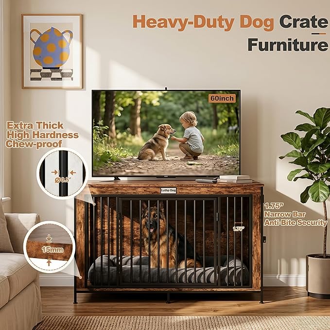 XL Dog Crate Furniture 48'' | Extra Large Heavy Duty Anti-Chew Dog Kennel | Rustic Wooden Entertainment Center & TV Stand with 350LB Top Capacity | Escape Proof Double Door Pet House