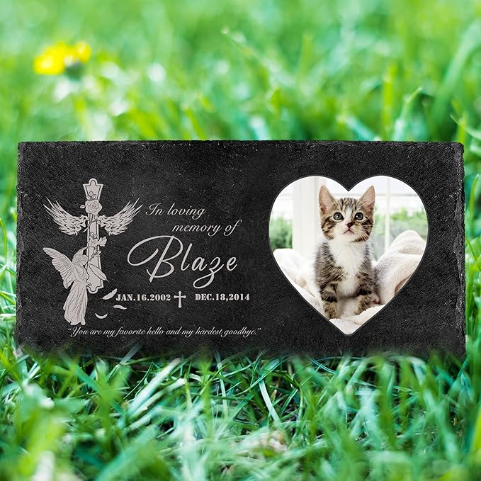 Fanery Sue Custom Cat Memorial Stones with Full Color Image, Dog Memorial Gift Garden Stones, Pet Grave Markers Personalized, All-Natural Memorial Headstone for Pet