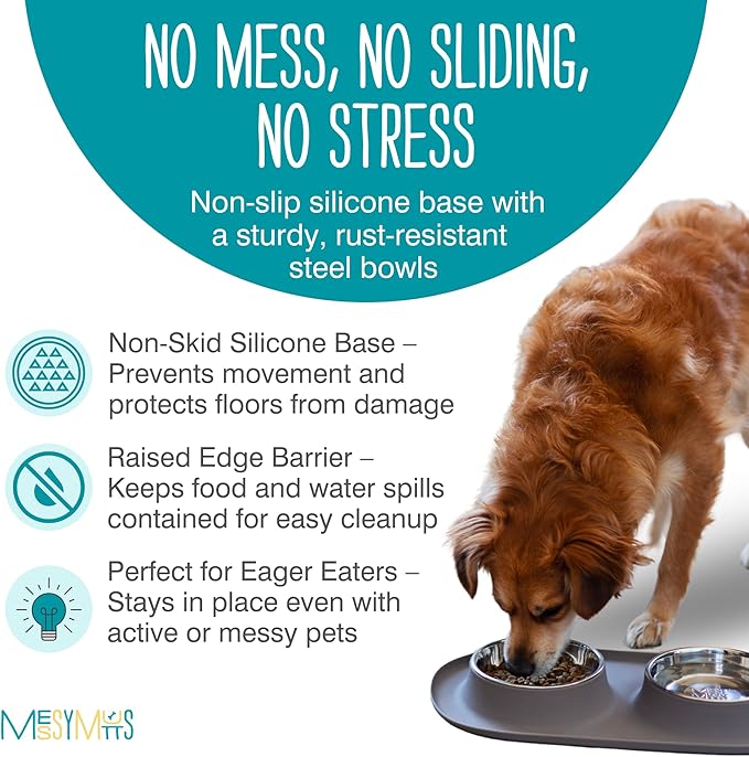 Messy Mutts Double Silicone Feeder with Stainless Bowls | Non-Skid Food Dishes for Dogs for All Pets | Dog Food Bowls | Extra-Large, 6 Cups Per Bowl | Grey