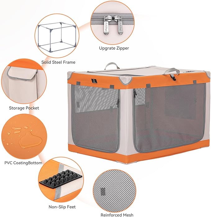 26" Collapsible Dog Crate for Small Dogs - Portable Soft Travel Kennel with Lockable Zippers, Waterproof Base, Washable Cover, Patented Screw Frame for Adjustable Tension, Outdoor, Indoor, Car Use