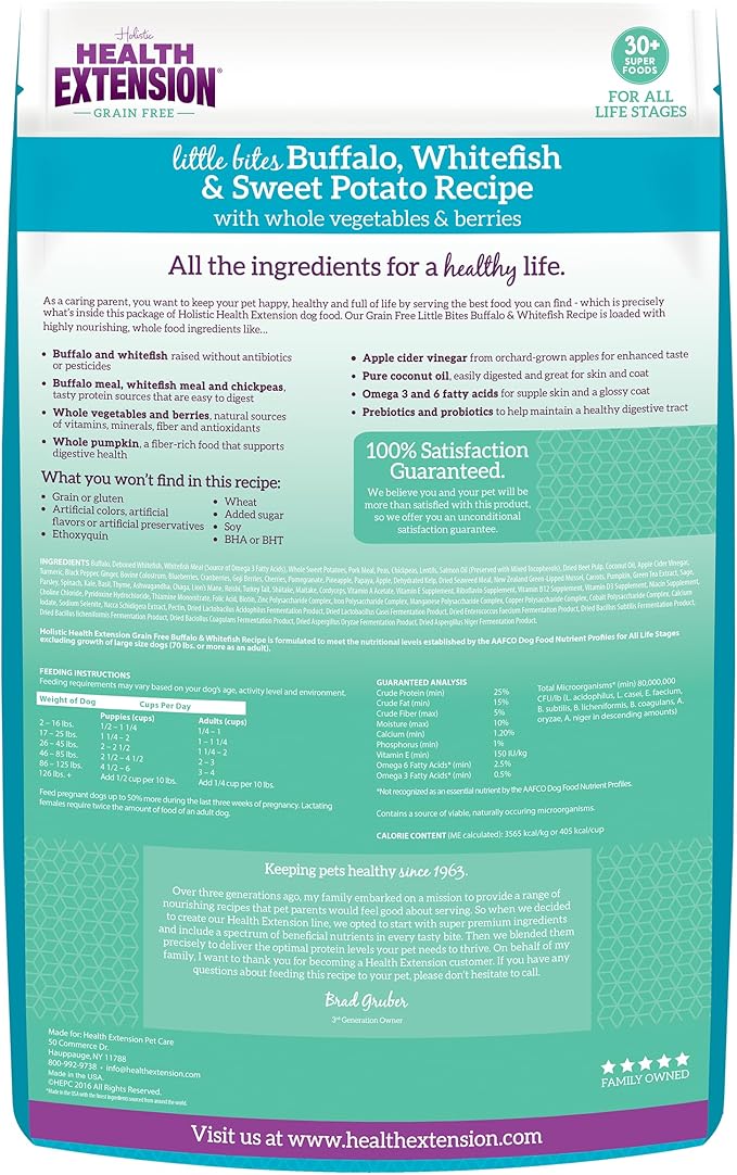 Health Extension Grain Free Buffalo & Whitefish Little Bites Small Kibble Formula with 30+ Superfoods and Probiotics for Teacups, Toys & Miniature Dogs (10 lb)