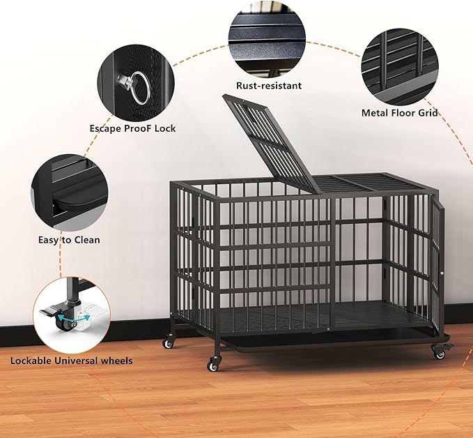 48Inch Heavy Duty Dog Crate, Rust Resistant Folding Metal XXXL Widened Base Dog Kennel, Upgraded Latch, Removable Tray, and Wheels with Brakes, Suitable for Medium to Extra-Large Dog