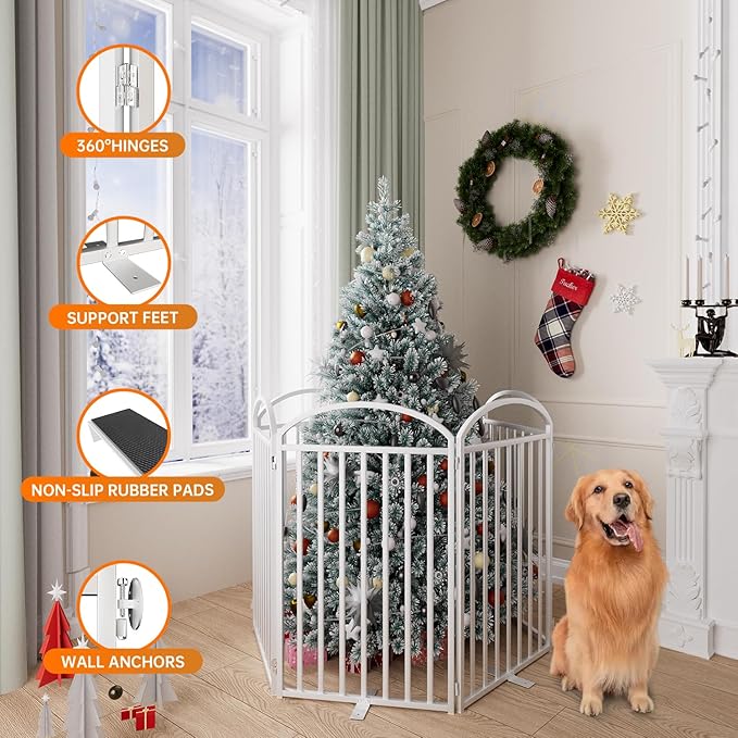6 Panels Full Matel Freestanding Dog Gates with Door, 144"Extra Wide 36"Tall Free Standing Dog Pet Gate for Indoor & Outdoor. Foldable Pet Fences for Doorways, House, Stairs, Porch, Deck, Yard