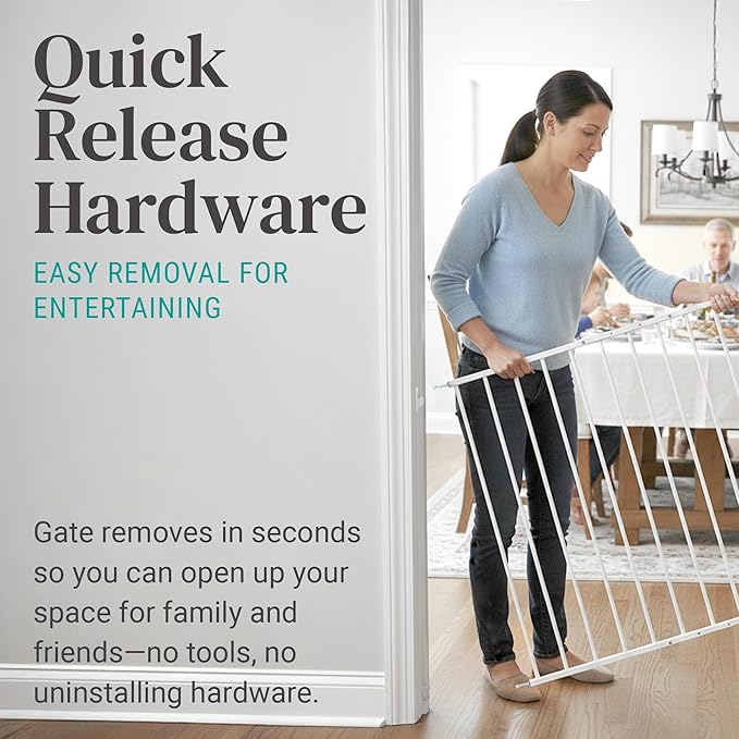 KidCo 24.75-42.5" Safeway Walk Through Baby Gate for Stairs and Doorways | No-Trip Top of Stairs Baby Gate No Bottom Bar | Quick-Release Mounted Hardware for Security and Easy Removal (White)